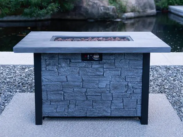 Alt view image 3 of 6 - 44" W x 25" H Outdoor Patio Propane Gas Fire Pit Table - 50,000 BTU High-temperature-resistant carving process for environmentally friendly materials with the effect of cultured stone