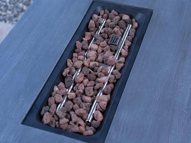 Alt view image 6 of 6 - 44" W x 25" H Outdoor Patio Propane Gas Fire Pit Table - 50,000 BTU High-temperature-resistant carving process for environmentally friendly materials with the effect of cultured stone