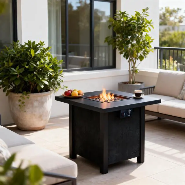 Main image of 25" H Outdoor Patio Propane Gas Fire Pit Table - 50,000 BTU High-temperature-resistant carving process for environmentally friendly materials with the effect of rattan weaving grain