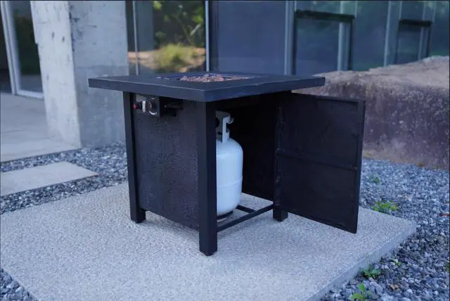 Alt view image 7 of 7 - 25" H Outdoor Patio Propane Gas Fire Pit Table - 50,000 BTU High-temperature-resistant carving process for environmentally friendly materials with the effect of rattan weaving grain