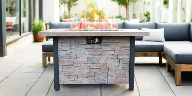 Main image of 44" W x 25" H Outdoor Patio Propane Gas Fire Pit Table - 50,000 BTU High-temperature-resistant carving process for environmentally friendly materials with the effect of cultured stone