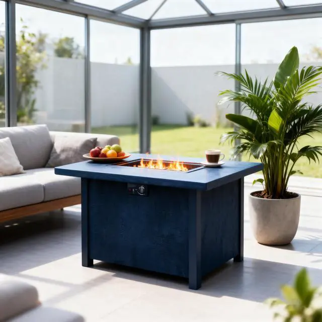 Alt view image 3 of 7 - 44" W x 25" H Outdoor Patio Propane Gas Fire Pit Table - 50,000 BTU High-temperature-resistant carving process for environmentally friendly materials with the effect of charcoal grain