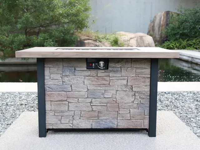 Alt view image 2 of 7 - 44" W x 25" H Outdoor Patio Propane Gas Fire Pit Table - 50,000 BTU High-temperature-resistant carving process for environmentally friendly materials with the effect of cultured stone