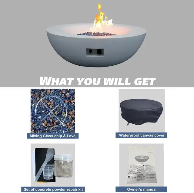 Alt view image 7 of 7 - 42 Inch Outdoor Concrete Propane gas Fire Pit bowl in Antique white color