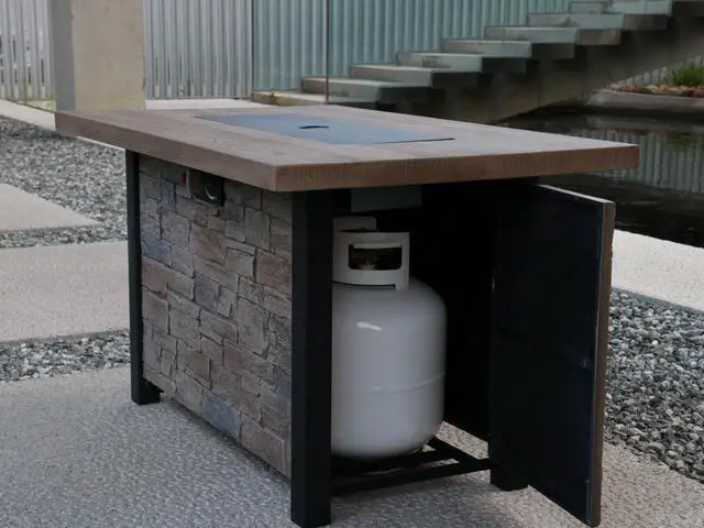 Alt view image 6 of 7 - 44" W x 25" H Outdoor Patio Propane Gas Fire Pit Table - 50,000 BTU High-temperature-resistant carving process for environmentally friendly materials with the effect of cultured stone