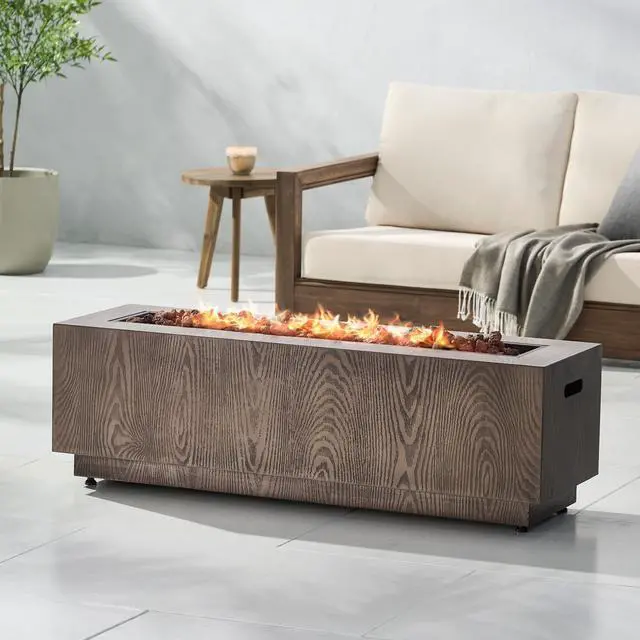 Main image of 48" Outdoor 50,000 BTU Rectangular Iron Propane Fire Pit, Brown Wood Pattern (Tank Cover not Included)