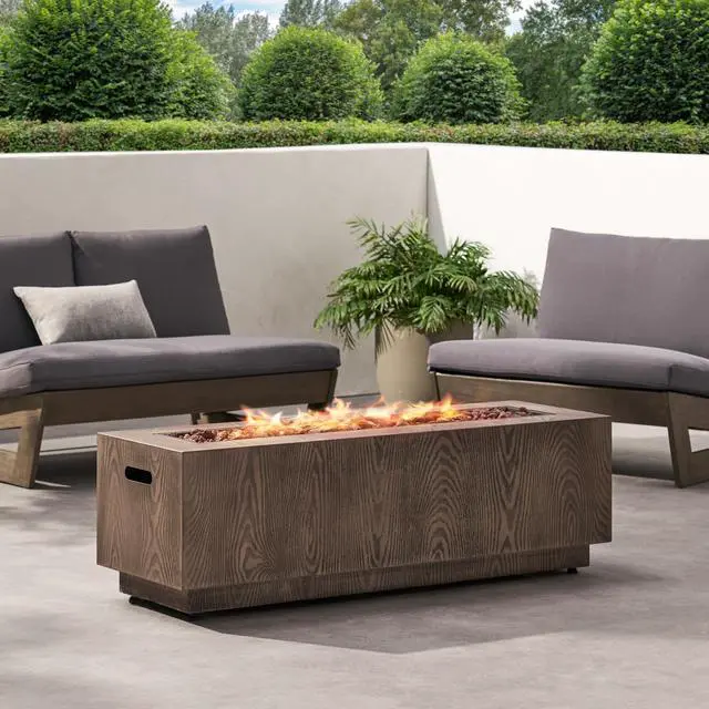 Alt view image 6 of 7 - 48" Outdoor 50,000 BTU Rectangular Iron Propane Fire Pit, Brown Wood Pattern (Tank Cover not Included)