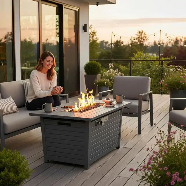 Alt view image 5 of 7 - 25'' H x 42'' W Steel Propane Outdoor Fire Pit Table with Lid