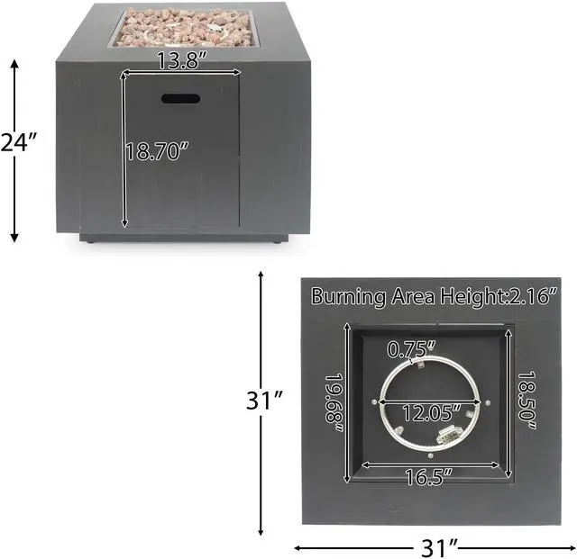 Alt view image 6 of 7 - 33" Outdoor Iron Square Propane Fire Pit, Tank Inside, Brushed Brown - 50,000 BTU