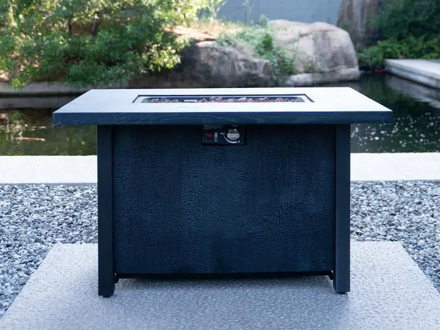 Alt view image 2 of 7 - 44" W x 25" H Outdoor Patio Propane Gas Fire Pit Table - 50,000 BTU High-temperature-resistant carving process for environmentally friendly materials with the effect of charcoal grain