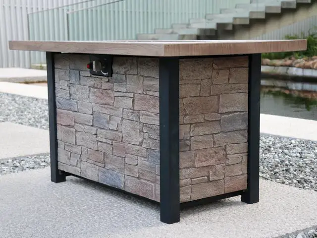 Alt view image 5 of 7 - 44" W x 25" H Outdoor Patio Propane Gas Fire Pit Table - 50,000 BTU High-temperature-resistant carving process for environmentally friendly materials with the effect of cultured stone