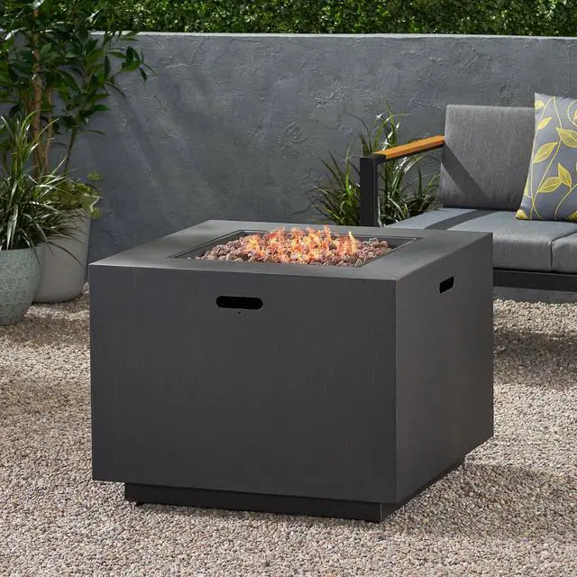 Alt view image 4 of 7 - 33" Outdoor Iron Square Propane Fire Pit, Tank Inside, Brushed Brown - 50,000 BTU