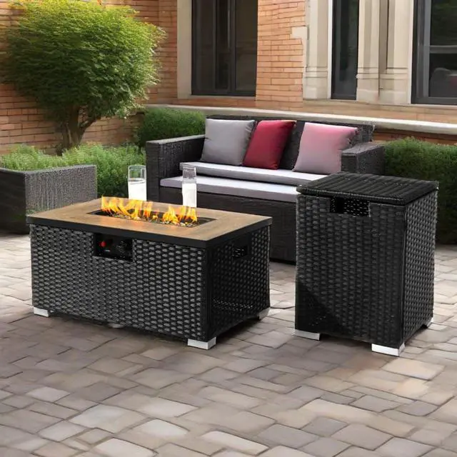 Main image of 32" Propane Gas Fire Pit Table with Propane Tank Cover 2-Pieces, 50000 BTU Rectangular Steel Fire Pit with Beautiful Wicker Base for Outside Garden-Dark Gray