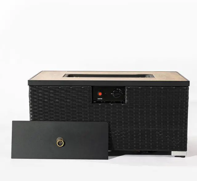 Alt view image 2 of 7 - 32" Propane Gas Fire Pit Table with Propane Tank Cover 2-Pieces, 50000 BTU Rectangular Steel Fire Pit with Beautiful Wicker Base for Outside Garden-Dark Gray