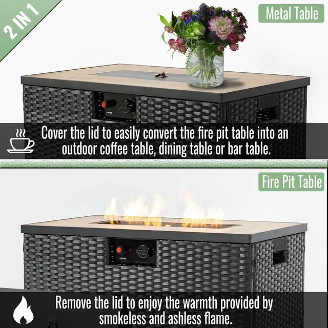 Alt view image 3 of 7 - 32" Propane Gas Fire Pit Table with Propane Tank Cover 2-Pieces, 50000 BTU Rectangular Steel Fire Pit with Beautiful Wicker Base for Outside Garden-Dark Gray