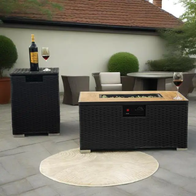 Alt view image 5 of 7 - 32" Propane Gas Fire Pit Table with Propane Tank Cover 2-Pieces, 50000 BTU Rectangular Steel Fire Pit with Beautiful Wicker Base for Outside Garden-Dark Gray