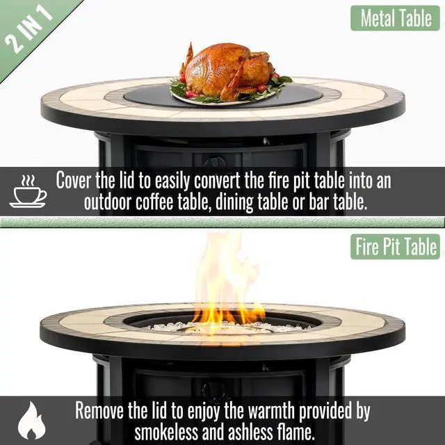 Alt view image 2 of 7 - 30" Propane Gas Fire Pit Table, 50000 BTU Round Steel Fire Pit with Mosaic Ceramic Tabletop for Outside Patio Deck Garden Backyard- Black