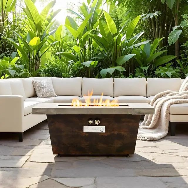 Alt view image 2 of 7 - 42 Inch Gas Fire Pit Table, Rectangle Fire Pit Table with Cement-Imitating Texture Effect Design, 50000BTU Outdoor Firepit Table for Patio, Backyard, Garden Heating
