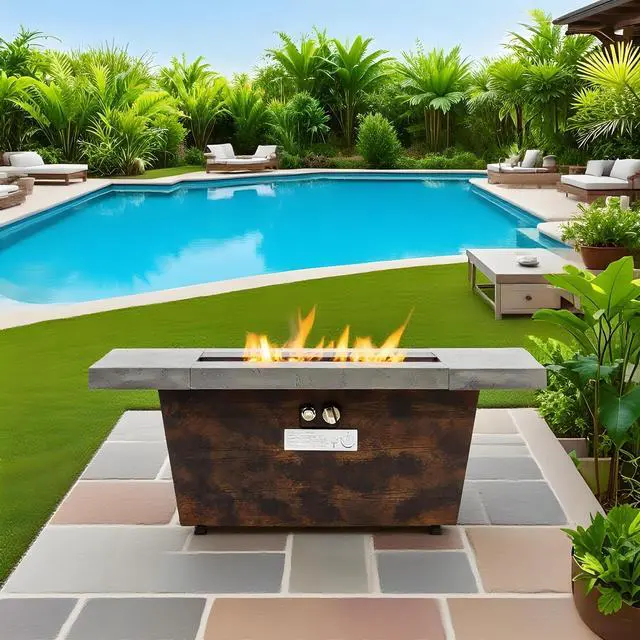 Alt view image 4 of 7 - 42 Inch Gas Fire Pit Table, Rectangle Fire Pit Table with Cement-Imitating Texture Effect Design, 50000BTU Outdoor Firepit Table for Patio, Backyard, Garden Heating