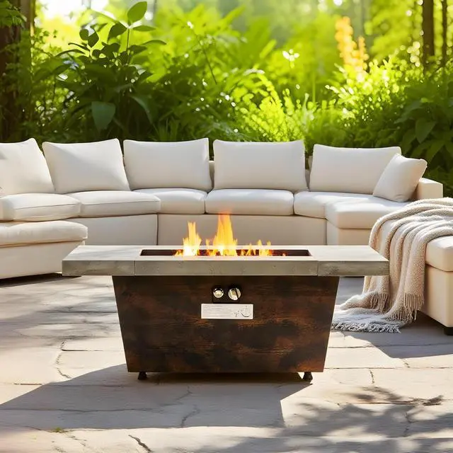 Alt view image 7 of 7 - 42 Inch Gas Fire Pit Table, Rectangle Fire Pit Table with Cement-Imitating Texture Effect Design, 50000BTU Outdoor Firepit Table for Patio, Backyard, Garden Heating
