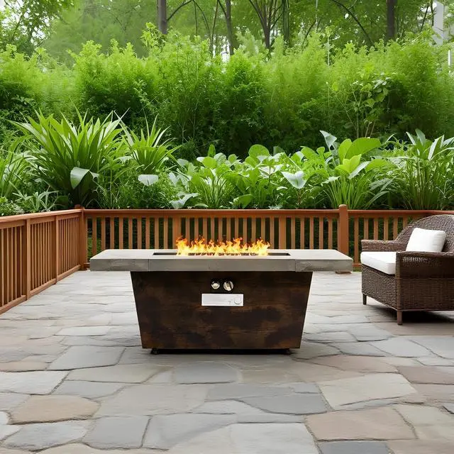 Alt view image 6 of 7 - 42 Inch Gas Fire Pit Table, Rectangle Fire Pit Table with Cement-Imitating Texture Effect Design, 50000BTU Outdoor Firepit Table for Patio, Backyard, Garden Heating