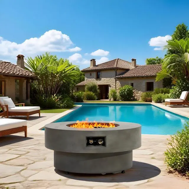 Alt view image 3 of 7 - 34-inch round propane fire pit Table, 50,000BTU outdoor firepit table for Outside Patio w/Round Burner Lid, Glass Rocks, Cover