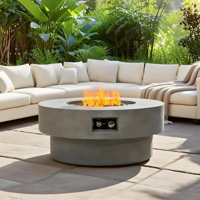 Alt view image 2 of 7 - 34-inch round propane fire pit Table, 50,000BTU outdoor firepit table for Outside Patio w/Round Burner Lid, Glass Rocks, Cover