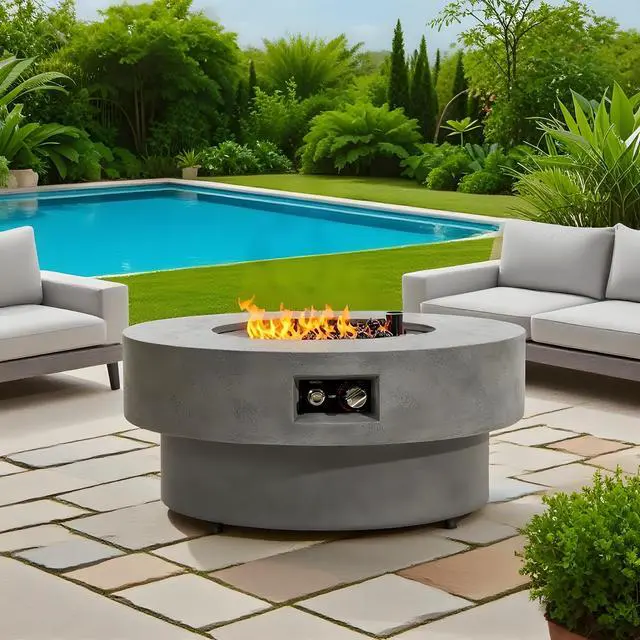 Alt view image 5 of 7 - 34-inch round propane fire pit Table, 50,000BTU outdoor firepit table for Outside Patio w/Round Burner Lid, Glass Rocks, Cover