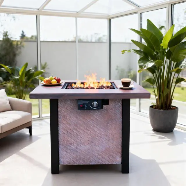 Main image of 25" H Outdoor Patio Propane Gas Fire Pit Table - 50,000 BTU High-temperature-resistant carving process for environmentally friendly materials with the effect of rattan weaving grain