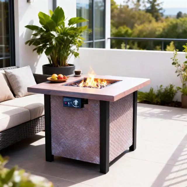 Alt view image 2 of 7 - 25" H Outdoor Patio Propane Gas Fire Pit Table - 50,000 BTU High-temperature-resistant carving process for environmentally friendly materials with the effect of rattan weaving grain