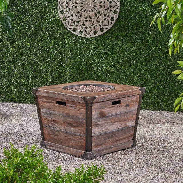 Alt view image 3 of 7 - Outdoor Patio 24'' H x 32'' W Square Gas Burning Concrete Fire Pit Wood Pattern - Brown - 40,000 BTU (Tank Inside)