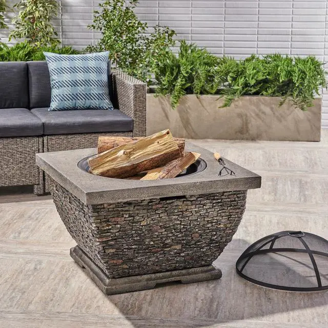 Alt view image 5 of 7 - 32"  MgO Light-Weight Concrete Wood Burning Square Fire Pit, Grey