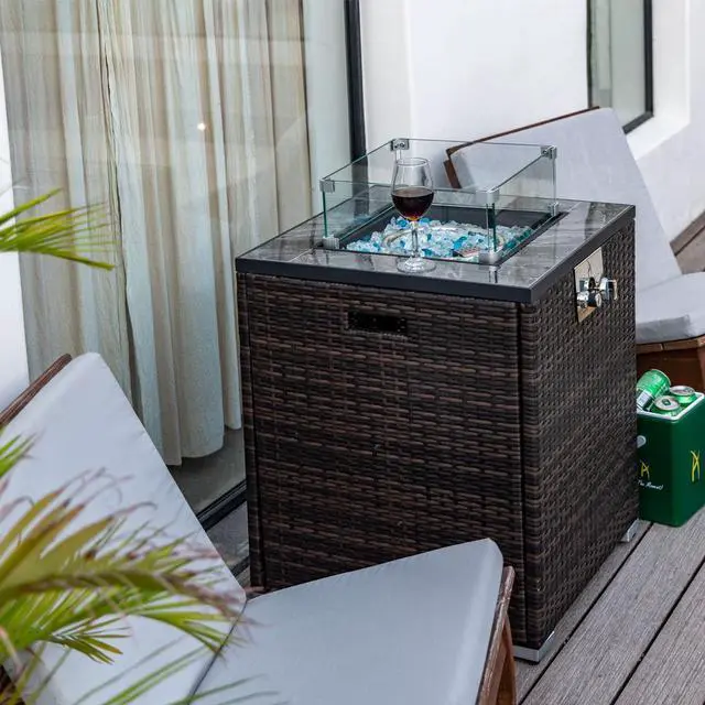 Main image of 24" Propane Gas Fire Pit Table, 50000 BTU Square Fire Pit, Tile Tabletop with Beautiful Wicker Base for Outside Patio Deck Garden Courtyard-Espresso