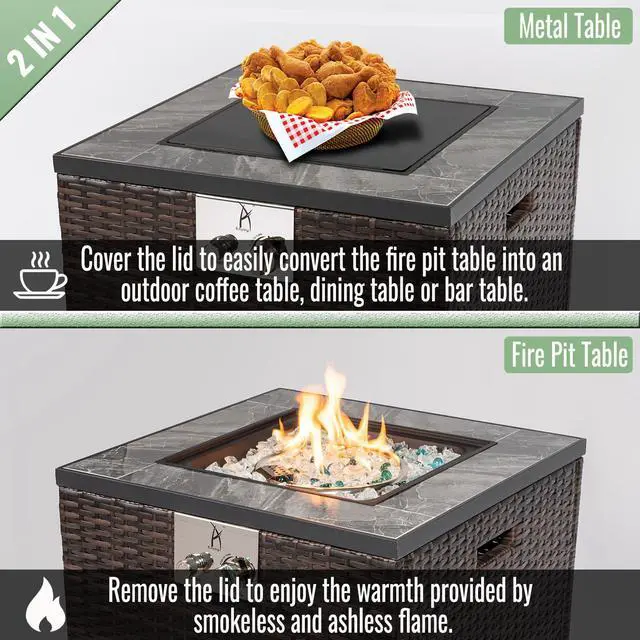 Alt view image 3 of 7 - 24" Propane Gas Fire Pit Table, 50000 BTU Square Fire Pit, Tile Tabletop with Beautiful Wicker Base for Outside Patio Deck Garden Courtyard-Espresso