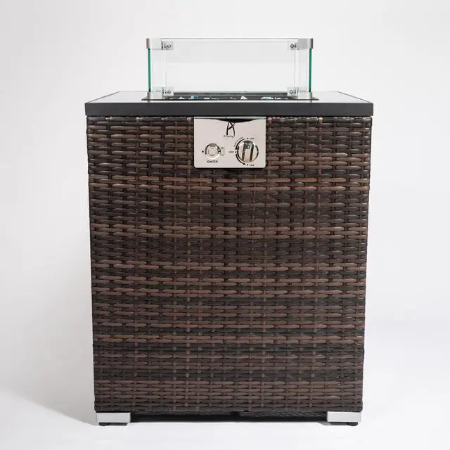 Alt view image 7 of 7 - 24" Propane Gas Fire Pit Table, 50000 BTU Square Fire Pit, Tile Tabletop with Beautiful Wicker Base for Outside Patio Deck Garden Courtyard-Espresso