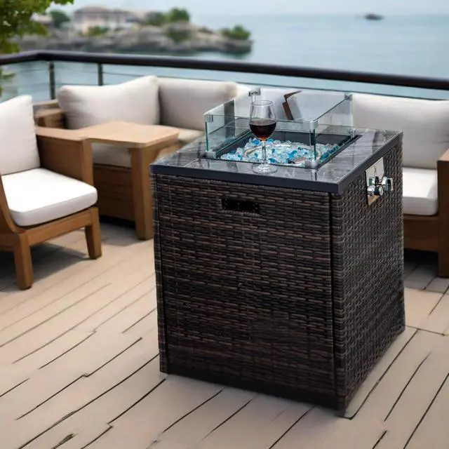 Alt view image 6 of 7 - 24" Propane Gas Fire Pit Table, 50000 BTU Square Fire Pit, Tile Tabletop with Beautiful Wicker Base for Outside Patio Deck Garden Courtyard-Espresso