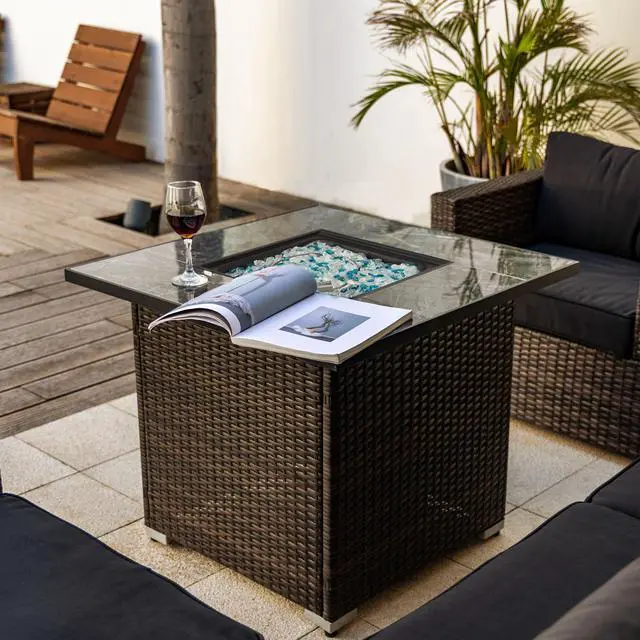 Main image of 30" Propane Gas Fire Pit Table, 50000 BTU Square Fire Pit, Tile Tabletop with Beautiful Wicker Base for Outside Patio Deck Garden Courtyard-Brown