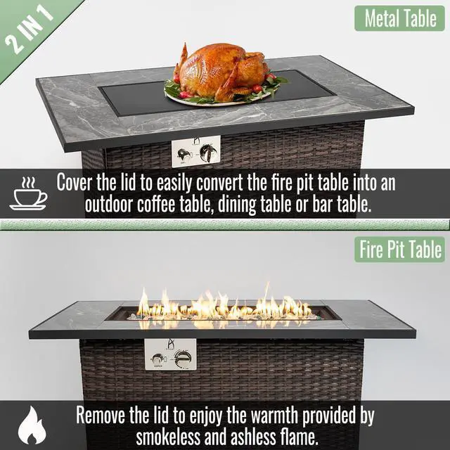 Alt view image 3 of 7 - 44" Propane Gas Fire Pit Table, 50000 BTU Rectangular Fire Pit, Tile Tabletop with Beautiful Wicker Base for Outside Patio Deck Garden Courtyard-Brown