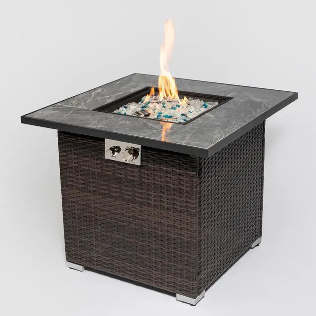 Alt view image 2 of 7 - 30" Propane Gas Fire Pit Table, 50000 BTU Square Fire Pit, Tile Tabletop with Beautiful Wicker Base for Outside Patio Deck Garden Courtyard-Brown