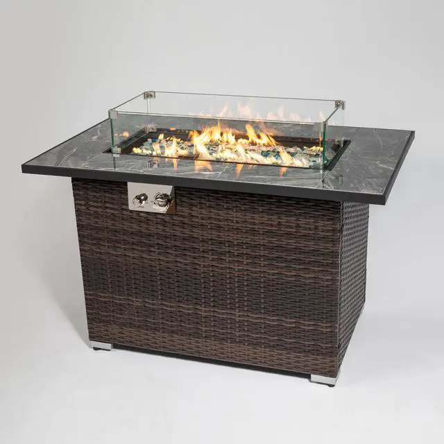 Alt view image 2 of 7 - 44" Propane Gas Fire Pit Table, 50000 BTU Rectangular Fire Pit, Tile Tabletop with Beautiful Wicker Base for Outside Patio Deck Garden Courtyard-Brown