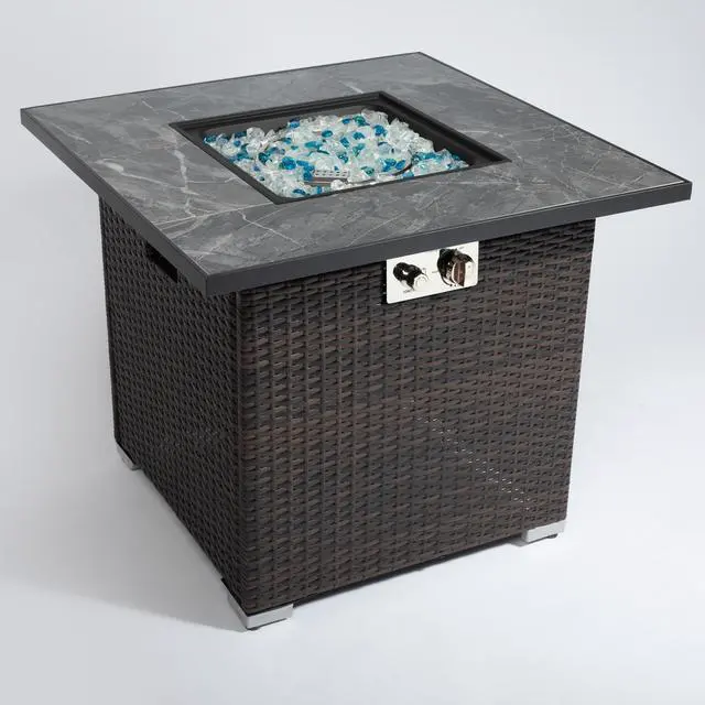Alt view image 4 of 7 - 30" Propane Gas Fire Pit Table, 50000 BTU Square Fire Pit, Tile Tabletop with Beautiful Wicker Base for Outside Patio Deck Garden Courtyard-Brown