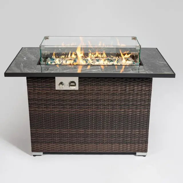 Alt view image 4 of 7 - 44" Propane Gas Fire Pit Table, 50000 BTU Rectangular Fire Pit, Tile Tabletop with Beautiful Wicker Base for Outside Patio Deck Garden Courtyard-Brown