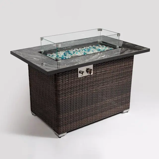Alt view image 5 of 7 - 44" Propane Gas Fire Pit Table, 50000 BTU Rectangular Fire Pit, Tile Tabletop with Beautiful Wicker Base for Outside Patio Deck Garden Courtyard-Brown