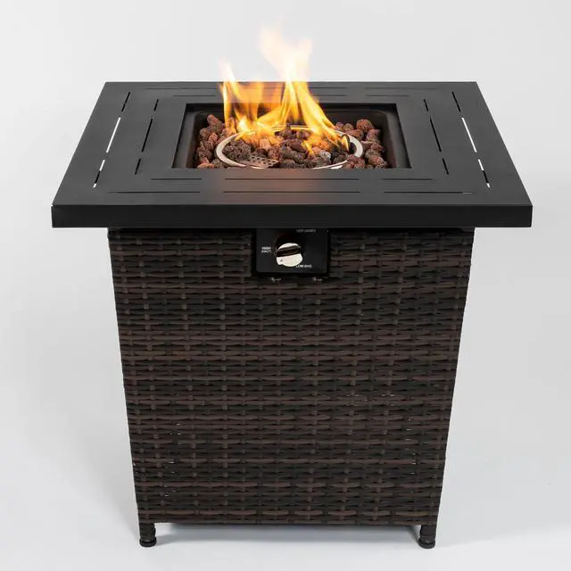 Alt view image 4 of 7 - 28" Propane Gas Fire Pit Table, 50000 BTU Square Steel Fire Pit with Beautiful Wicker Base for Outside Patio Deck Garden Backyard-Black