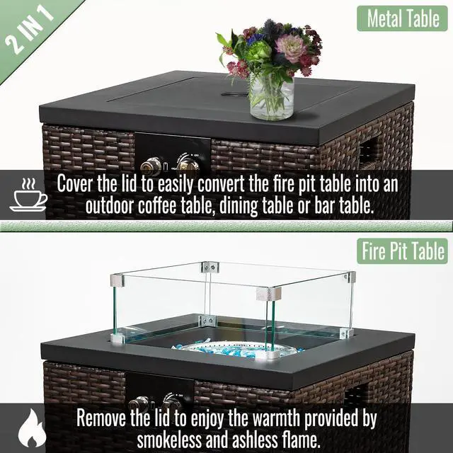 Alt view image 3 of 7 - 22" Propane Gas Fire Pit Table, 50000 BTU Square Steel Fire Pit with Beautiful Wicker Base for Outside Patio Deck Garden Backyard-Black