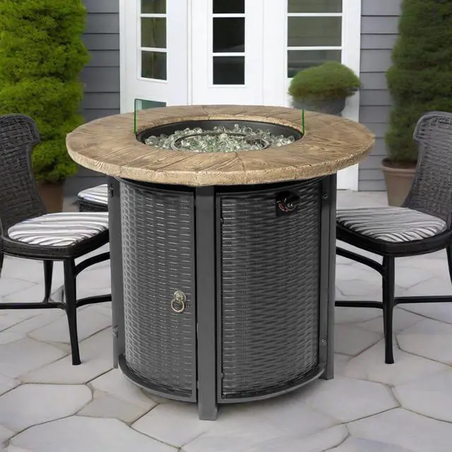 Alt view image 2 of 7 - 30" Propane Gas Fire Pit Table, 50000 BTU Round Steel Fire Pit with Imitation Wood Grain Finish for Outside Patio Deck Garden Backyard- Black