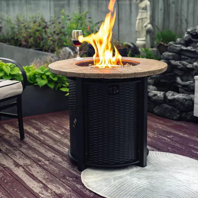 Main image of 30" Propane Gas Fire Pit Table, 50000 BTU Round Steel Fire Pit with Imitation Wood Grain Finish for Outside Patio Deck Garden Backyard- Black