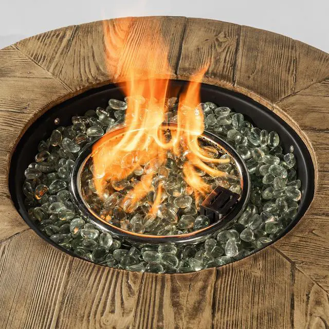Alt view image 6 of 7 - 30" Propane Gas Fire Pit Table, 50000 BTU Round Steel Fire Pit with Imitation Wood Grain Finish for Outside Patio Deck Garden Backyard- Black