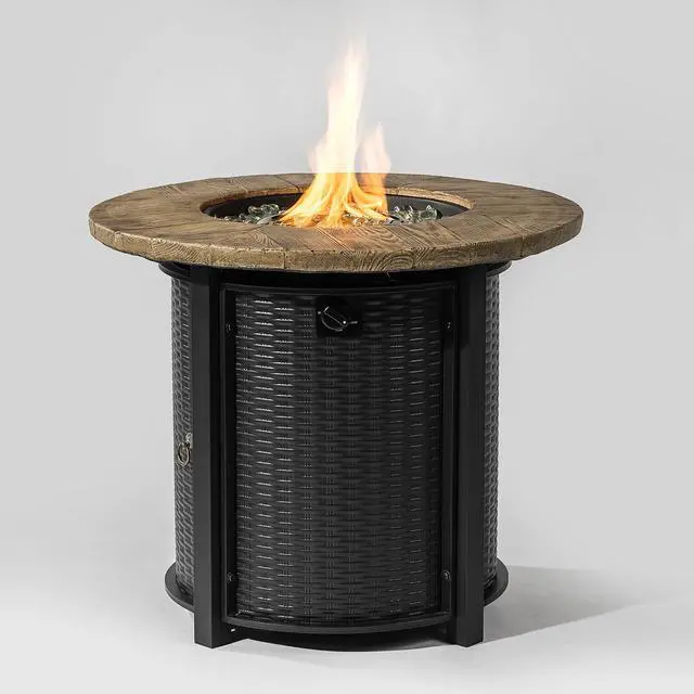 Alt view image 7 of 7 - 30" Propane Gas Fire Pit Table, 50000 BTU Round Steel Fire Pit with Imitation Wood Grain Finish for Outside Patio Deck Garden Backyard- Black