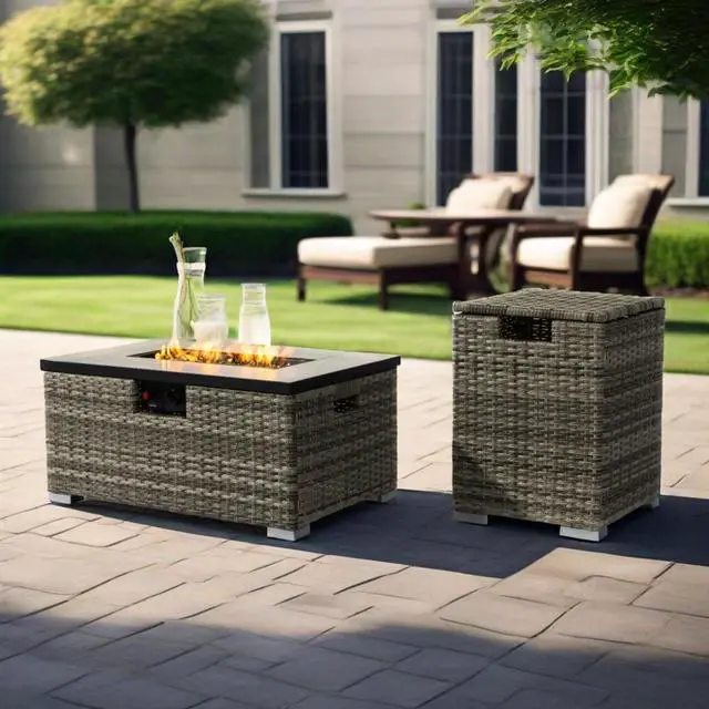 Main image of 32" Propane Gas Fire Pit Table with Propane Tank Cover 2-Pieces, 50000 BTU Rectangular Steel Fire Pit with Beautiful Wicker Base for Outside Garden-Beige
